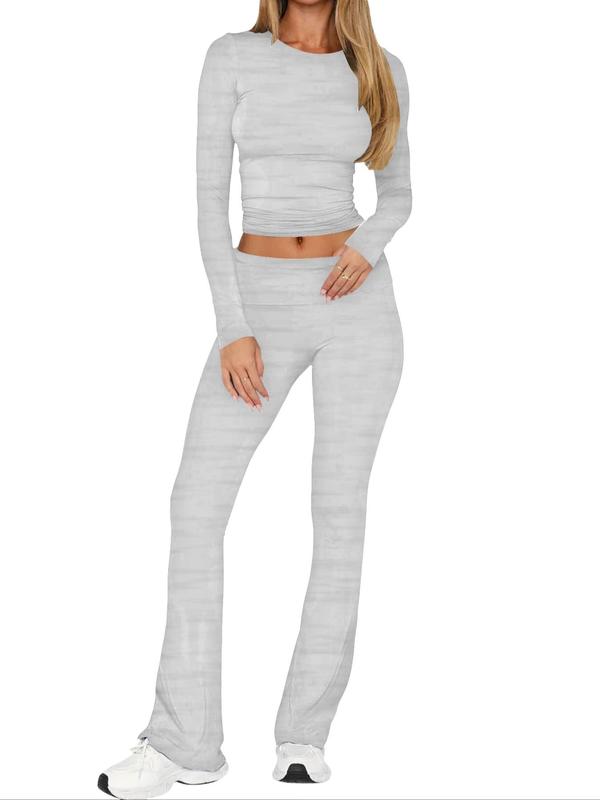 Sporty Women's Solid Color Long Sleeve Crop Tee & Foldover Waist Flare Leg Pants Sportswear Set, Sports Casual Round Neck Top & Bell Bottom Trousers for Daily Wear, Ladies Sportswear for Fall & Winter