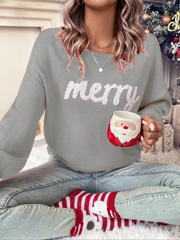 Plus Size Christmas Letter Patched Drop Shoulder Sweater, Casual Long Sleeve Round Neck Jumper for Daily Outdoor Wear, Women Plus Clothing for Fall & Winter