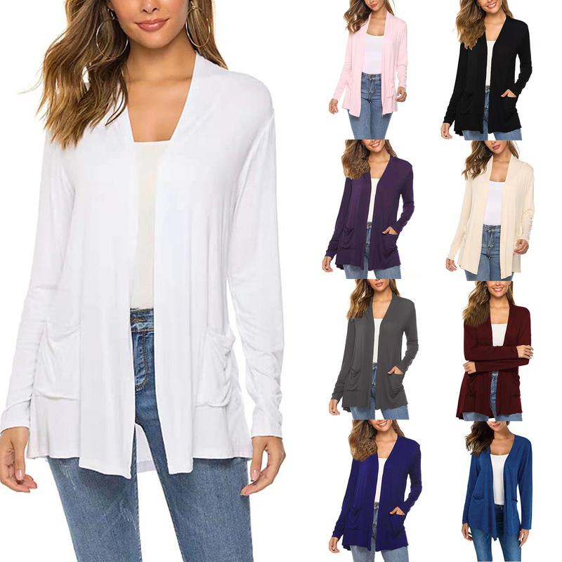 Women Simple Style Cardigan, Solid Color Long Sleeve Knitwear with Pockets, S  M  L  XL  XXL