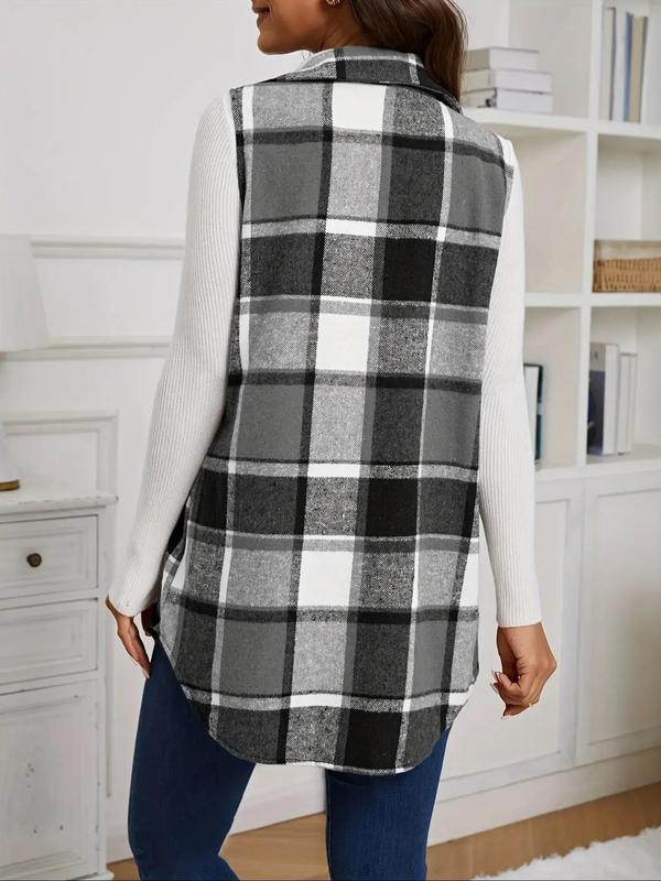 Women's Plaid Print Button Front Pocket Vest Coat, Casual Sleeveless Collared Outerwear for Spring & Fall, Ladies Clothes for Daily Wear