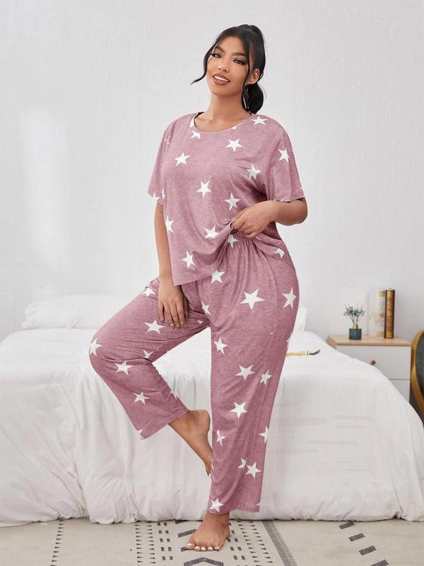 Plus Size Star Print Tee & Elastic Waist Pants Pyjama Set, Casual Comfy Round Neck Short Sleeve T-shirt & Trousers PJ Set, Women's Sleepwear for All Seasons