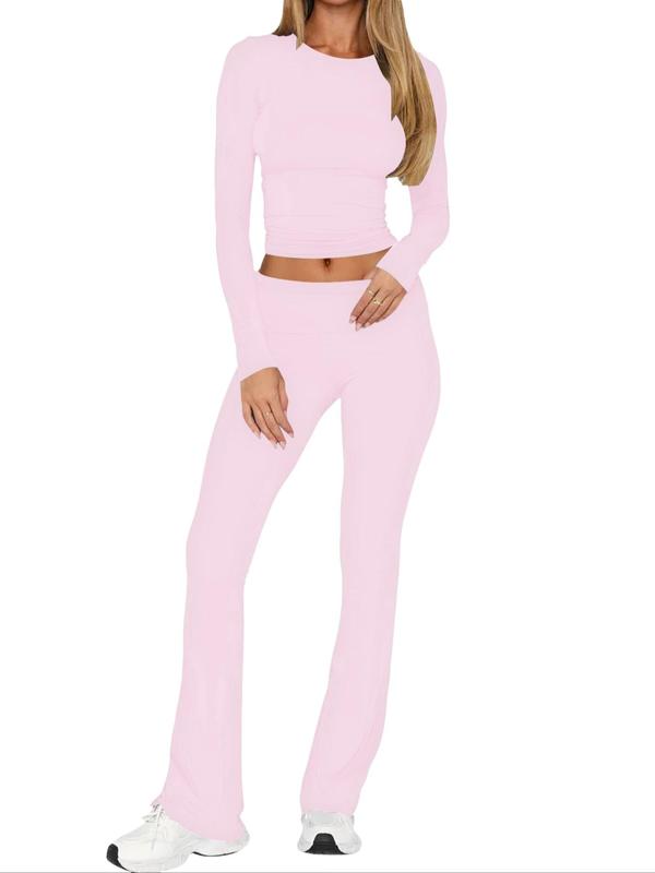 Sporty Women's Solid Color Long Sleeve Crop Tee & Foldover Waist Flare Leg Pants Sportswear Set, Sports Casual Round Neck Top & Bell Bottom Trousers for Daily Wear, Ladies Sportswear for Fall & Winter