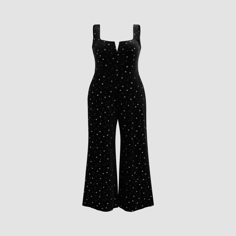 Cider [size 12 14-26] Velvet Square Neck Star Pattern Flared Jumpsuit Curve & Plus