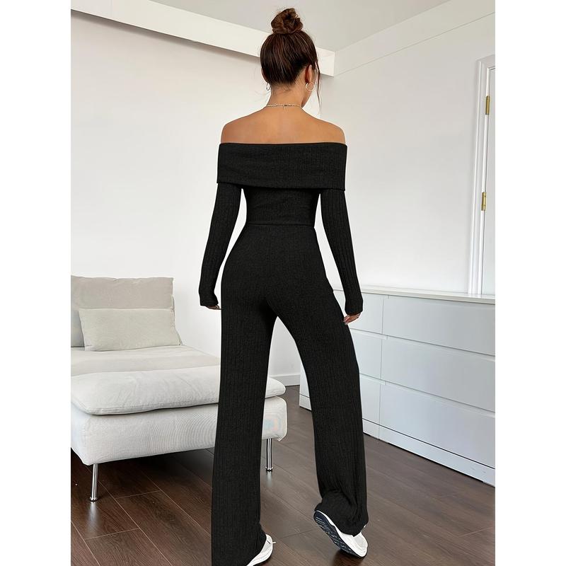 Ribbed Off Shoulder Jumpsuit, Casual Long Sleeve Jumpsuit For Spring & Fall, Women's Clothing