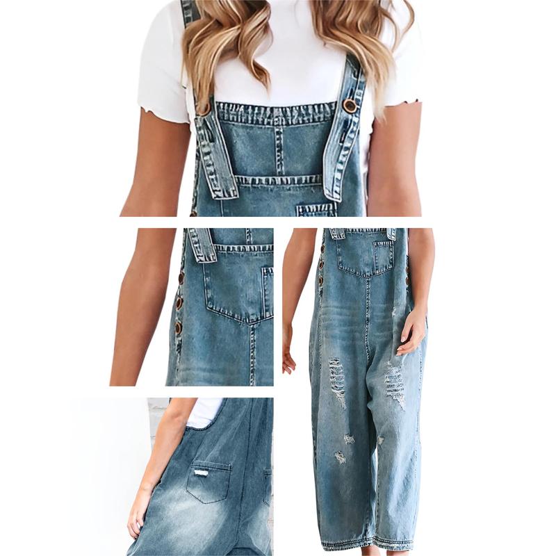 Goranbon Women's Denim Overalls Casual Jumpsuits Loose Fit Adjustable Strap Distressed Bib Jeans Overall Jumpsuits