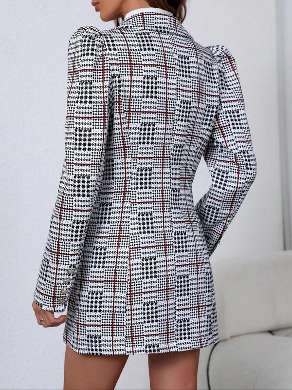 Two-Piece Set Women's Plaid Print Button Front Blazer & Pocket Skirt Set, Casual Lapel Neck Long Sleeve Outerwear & Short Skirt for Work Office Business, Ladies Spring & Fall Clothes