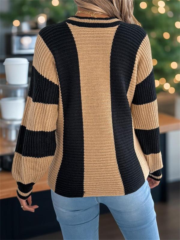 Women's Striped Colorblock Round Neck Sweater, Casual Long Sleeve Crew Neck Jumper for Fall & Winter, Fashion Ladies' Knitwear for Daily Wear