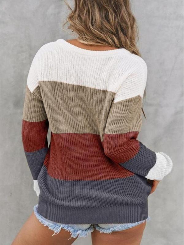 Women's Colorblock Patchwork Round Neck Sweater, Fall Outfits, Casual Drop Shoulder Long Sleeve Jumper, Ladies Fall & Winter Knitwear for Daily Wear, Womenswear