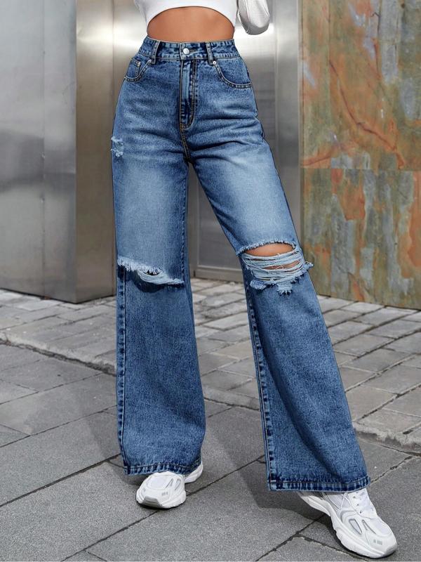 Women's Ripped High Waist Wide Leg Vintage Jeans, Street Pants Pocket Button Fly Baggy Denim Trousers, Fall Clothes, Ladies Bottoms for All Seasons