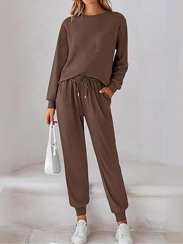 Women's Plain Long Sleeve Tee & Drawstring Waist Pants Set, Casual Round Neck Top & Trousers 2-piece Set for Fall & Winter,  Pants Suit Sets for Women, Women's Clothes for Daily Wear