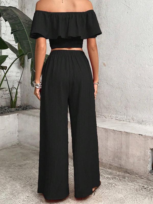 Two-Piece Set Women's Off Shoulder Ruffle Shirred Crop Top & Elastic Waist Wide Leg Pants Two-piece Set, 2 Counts Elegant Flounce Sleeve Cropped Top & Pocket Trousers, Ladies Back To School Summer Clothes