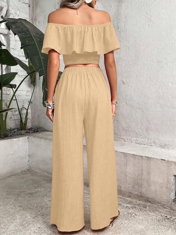 Two-Piece Set Women's Off Shoulder Ruffle Shirred Crop Top & Elastic Waist Wide Leg Pants Two-piece Set, 2 Counts Elegant Flounce Sleeve Cropped Top & Pocket Trousers, Ladies Back To School Summer Clothes