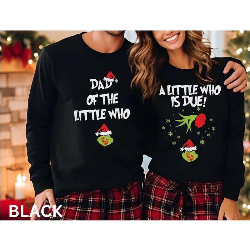 A Little Who Is Due Couple Sweatshirt, Mommy To Be Shirt, New Dad Shirt, Christmas Pregnancy Reveal Sweatshirt,  Christmas Holiday Maternity Sweatshirt, Christmas Pregnant Shirt, Baby Reveal Xmas Party Shirt