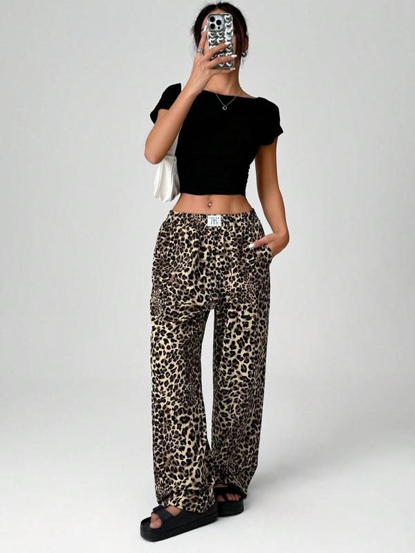 Women's Leopard Print Pocket Straight Leg Sweatpants, Casual Comfy Trousers for Daily Wear, Ladies Bottoms for Fall & Winter