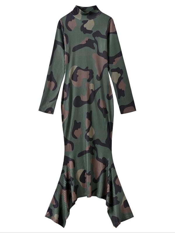 Women's Camo Print Asymmetrical Mock Neck Bodycon Dress, Elegant Fashion Long Sleeve Dress for Daily Outdoor Wear, Ladies Spring & Fall Clothes