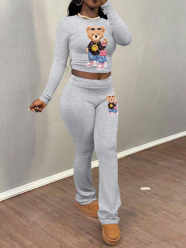 Women's Cartoon Bear Print Long Sleeve Crop Top & Flare Leg Pants Two-piece Set, Casual Fashion Cozy Round Neck Top & Bell Bottom Trousers for Daily Outdoor Wear, Women's Clothing for Fall & Winter