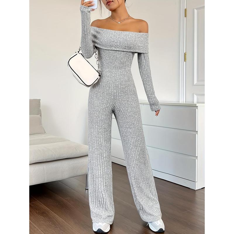 Ribbed Off Shoulder Jumpsuit, Casual Long Sleeve Jumpsuit For Spring & Fall, Women's Clothing