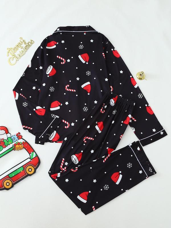 Two-Piece Set Women's All Over Christmas Print Button Front Pocket Shirt & Pants Pyjama, Casual Comfy Long Sleeve Top & Trousers PJ Set, Ladies Sleepwear for All Seasons