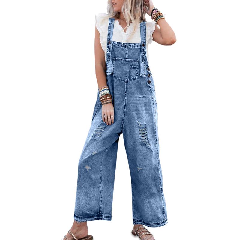 Goranbon Women's Denim Overalls Casual Jumpsuits Loose Fit Adjustable Strap Distressed Bib Jeans Overall Jumpsuits