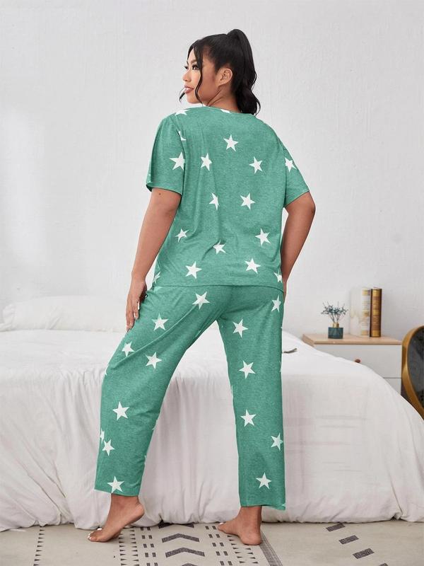 Plus Size Star Print Tee & Elastic Waist Pants Pyjama Set, Casual Comfy Round Neck Short Sleeve T-shirt & Trousers PJ Set, Women's Sleepwear for All Seasons