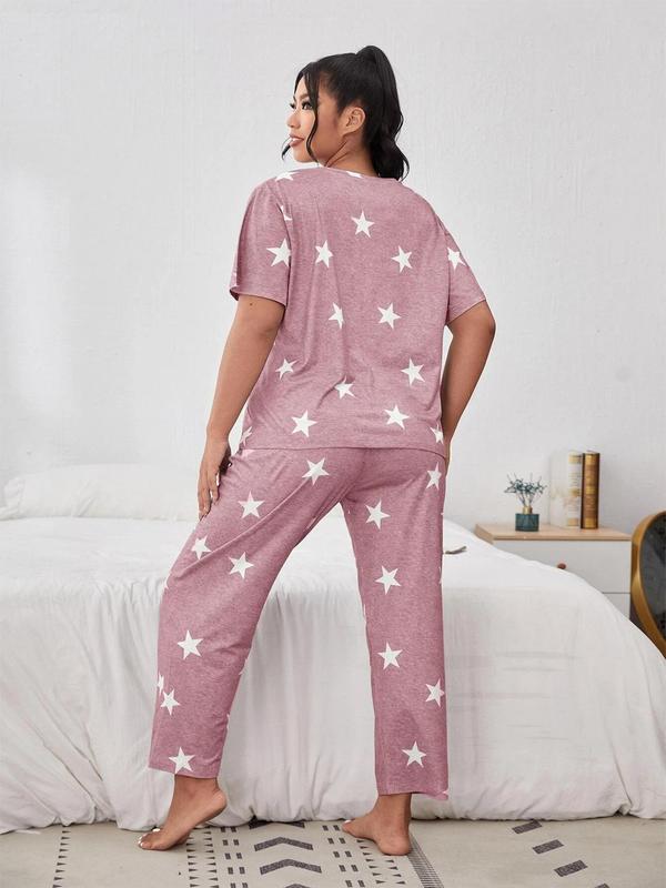 Plus Size Star Print Tee & Elastic Waist Pants Pyjama Set, Casual Comfy Round Neck Short Sleeve T-shirt & Trousers PJ Set, Women's Sleepwear for All Seasons