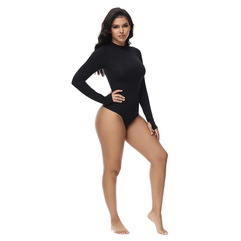 Soo slick Seamless Shapewear Bodysuit for Women -  Mock Neck Long Sleeve Thong Bodysuit Tops Womenswear Underwear Lady Comfort Longsleeves Basic Crewneck Minimalist