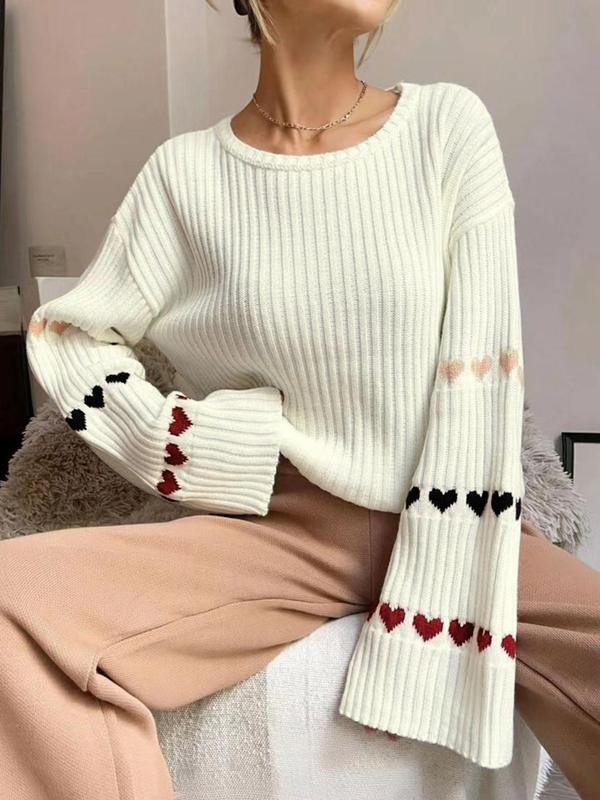 Women's Colorblock Heart Print Drop Shoulder Sweater, Casual Long Sleeve Round Neck Jumper for Fall & Winter, Fashion Ladies' Knitwear for Daily Wear