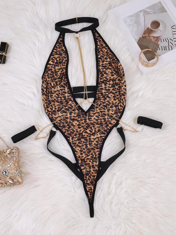 Women's Leopard Print Contrast Binding Ring Linked Teddy Bodysuit, Sexy Chain Decor Backless One-piece Lingerie for All Seasons, Fashion Women's Underwear for Daily Wear