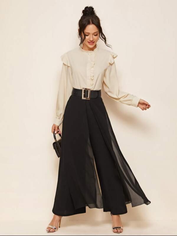 Women's Solid Color Sheer High Waist Wide Leg Pants, Elegant Comfy Trousers for Work Office Business, Ladies Bottoms for All Seasons