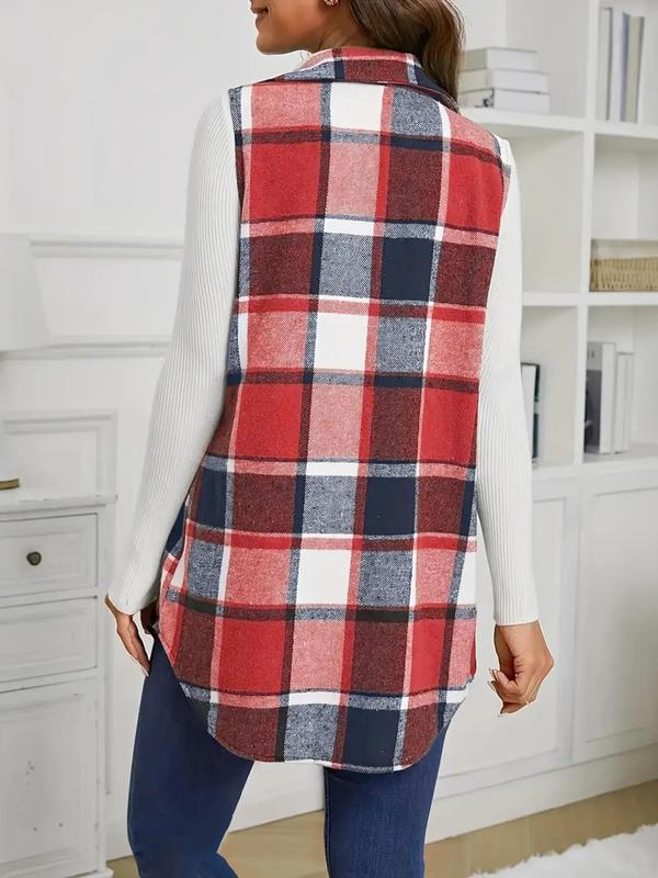 Women's Plaid Print Button Front Pocket Vest Coat, Casual Sleeveless Collared Outerwear for Spring & Fall, Ladies Clothes for Daily Wear