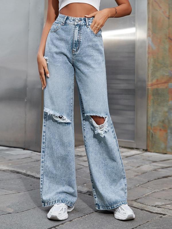 Women's Ripped High Waist Wide Leg Vintage Jeans, Street Pants Pocket Button Fly Baggy Denim Trousers, Fall Clothes, Ladies Bottoms for All Seasons