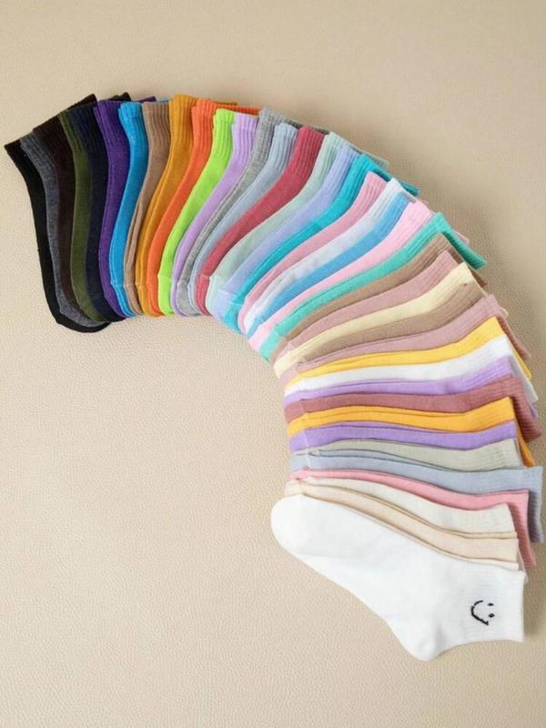 Random Color Women's Smile Face Print Ankle Socks, 30 Pairs Casual Moisture Wicking Socks, Soft Comfy Breathable Socks for All Seasons Daily Wear