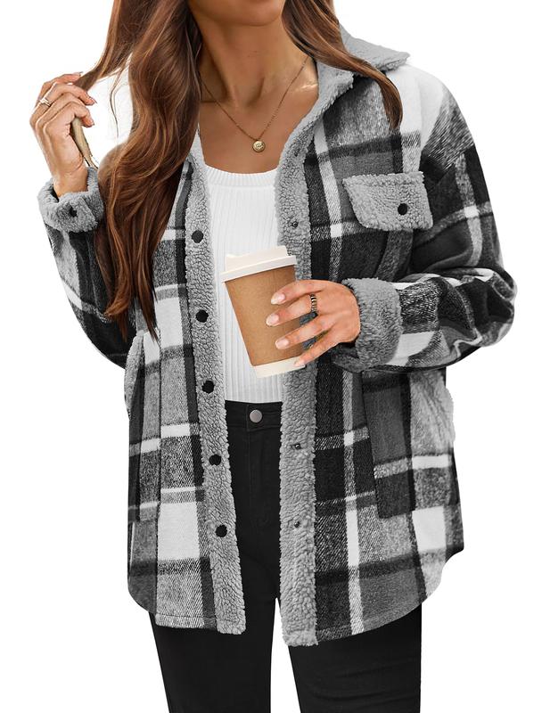 HOTOUCH Women's Plaid Printed Button Front Jacket,Fall and Winter Long Sleeve Pocket Jacket,Women's Everyday Jacket Comfort Womenswear Basic Coat