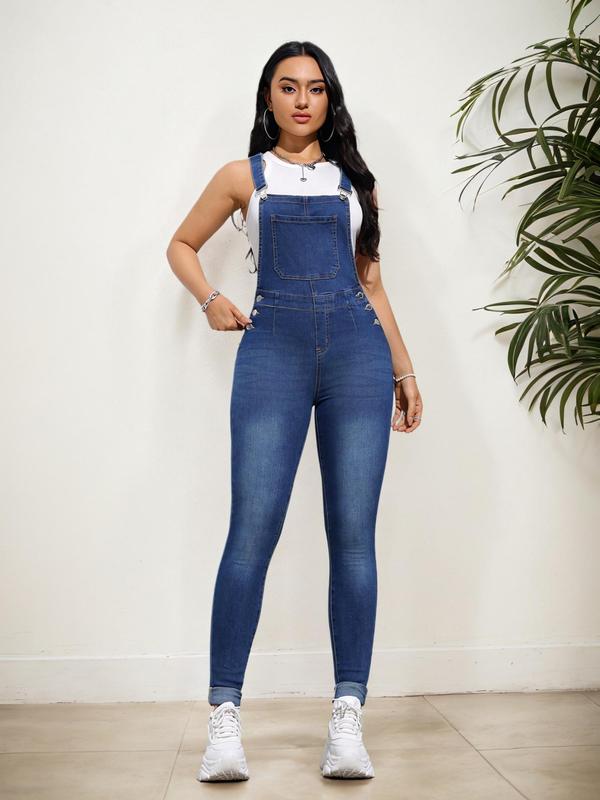 Women's Plain Denim Overalls Jumpsuit, Casual Fashion Pocket Design Overalls Jumpsuit for Daily Wear, Ladies Clothes for All Seasons