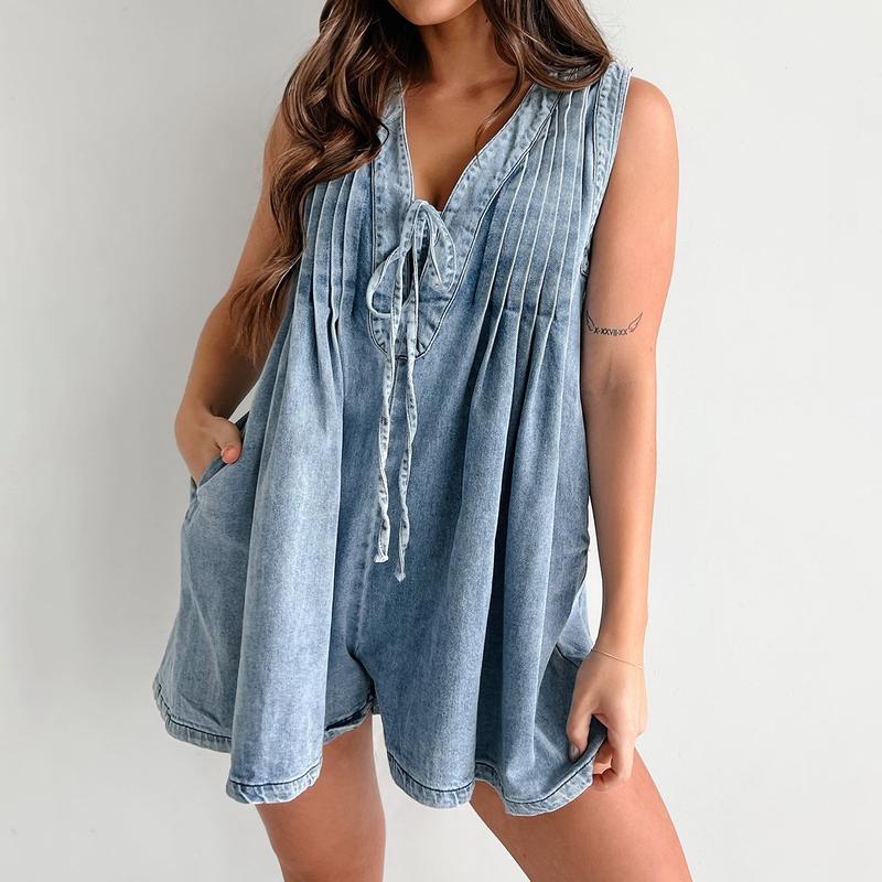 Women's Demin Tank Top Jumpsuit Loose Pleated Tie Front V Neck Sleeveless Shorts Romper with Pockets for Summer