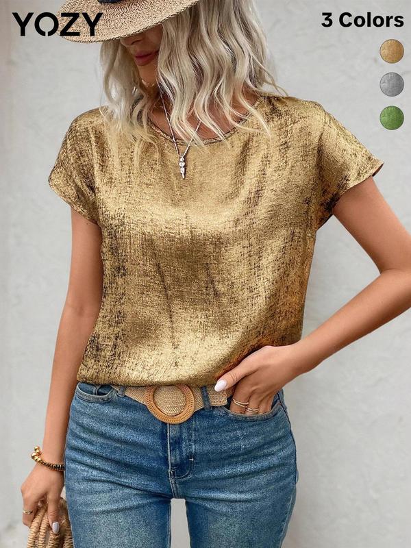 YOZY [3 colors] Glitter Drop Shoulder Tee  Elegant Fashion Casual Round Neck T-Shirt, 2024 Women's Daily Holiday Vacation Streetwear for Spring & Summer