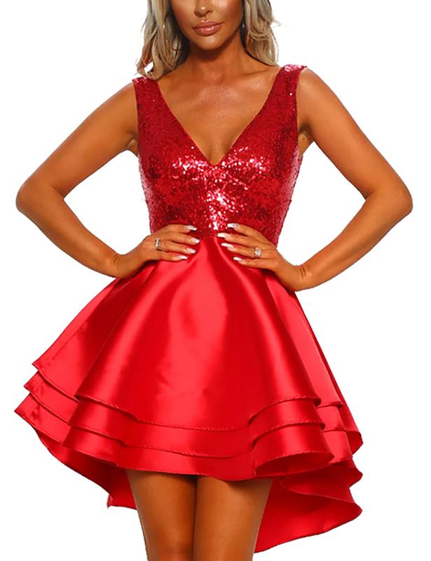 Women's Christmas Gfit Sequin Glitter V Neck Skater Concert Mini Club Cocktail Party Swing Dress