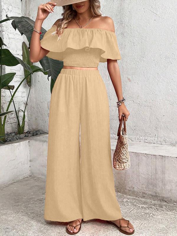 Two-Piece Set Women's Off Shoulder Ruffle Shirred Crop Top & Elastic Waist Wide Leg Pants Two-piece Set, 2 Counts Elegant Flounce Sleeve Cropped Top & Pocket Trousers, Ladies Back To School Summer Clothes