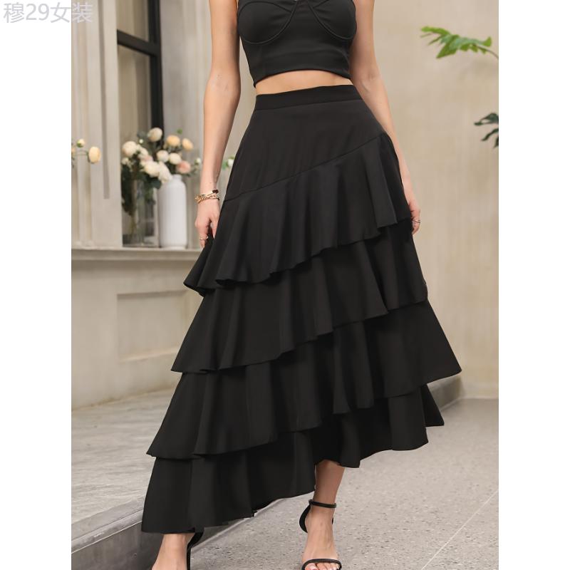 Stunning A-Line Ruffle Hem Skirt - Women's Clothing - Elegant High Waist Ankle Length Solid Color Party & Banquet Skirt with Layered Asymmetrical Design, Comfortable and Flattering Fit Fabric Womenswear