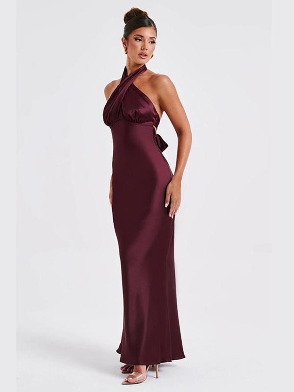 Women's Plain Satin Bandeau Dress, Elegant Halter Neck Sleeveless High Waist Evening Party Gown, Ladies Spring & Fall Clothes