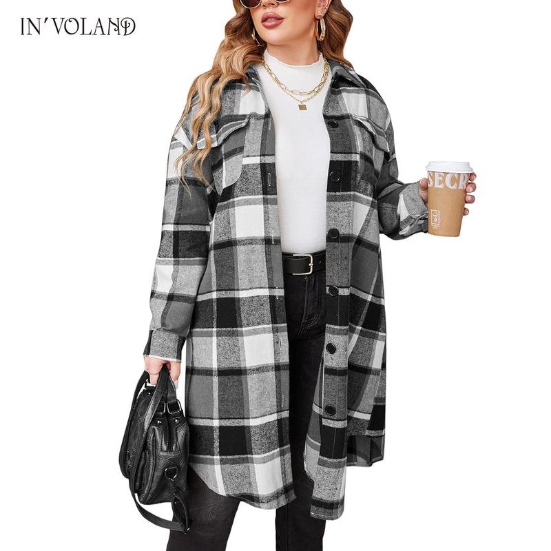 Tops Holiday haul  IN'VOLAND Womens Plus Size Flannel Plaid Shirts Long Sleeve Lounge Lapel Boyfriend Button Down Tartan Long Jacket Coats