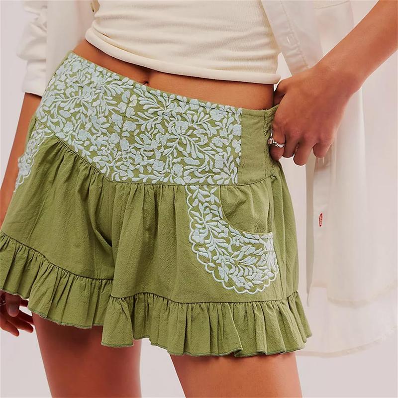 Women Y2k Floral Shorts Boho Ruffle Hem Wide Leg Elastic Wiated Short Pants with Pockets Summer Pjs Lounge Beachwear