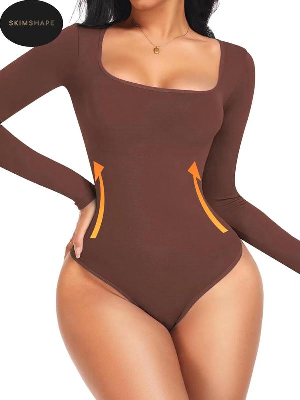 Women's Solid Square Neck Long Sleeve Shapewear Bodysuit, Fall Wear, Casual Comfy Tummy Control Butt Lift Shaper, Ladies Shapewear for Fall