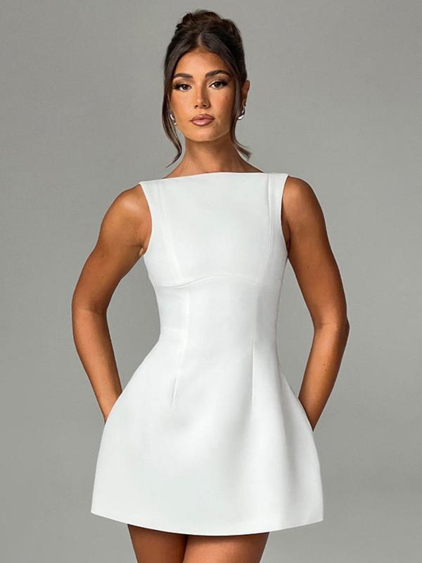 Women's Solid Backless Boat Neck A Line Dress, Dresses for Women, Homecoming Dresses, Birthday Dresses 2024, Elegant Fashion Zipper Back Short Dress for Daily Outdoor Wear, Ladies Dress for Summer