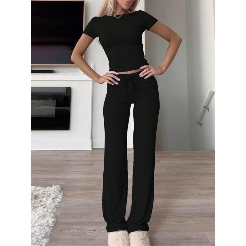 Women's Solid Short Sleeve Two Piece Set, Summer Outfits 2024 Two Piece Sets, Casual Round Neck Crop Tee & Drawstring High Waist Trousers for Daily Wear, Back-to-school Clothing, Ladies Fall Matching Sets Going Out, Fall Outfits Black Girl Womenswear