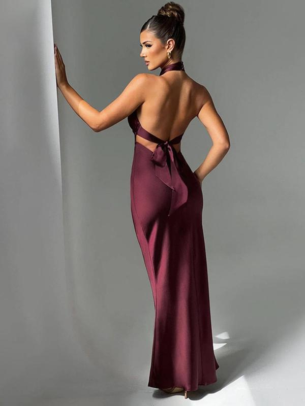 Women's Plain Satin Bandeau Dress, Elegant Halter Neck Sleeveless High Waist Evening Party Gown, Ladies Spring & Fall Clothes