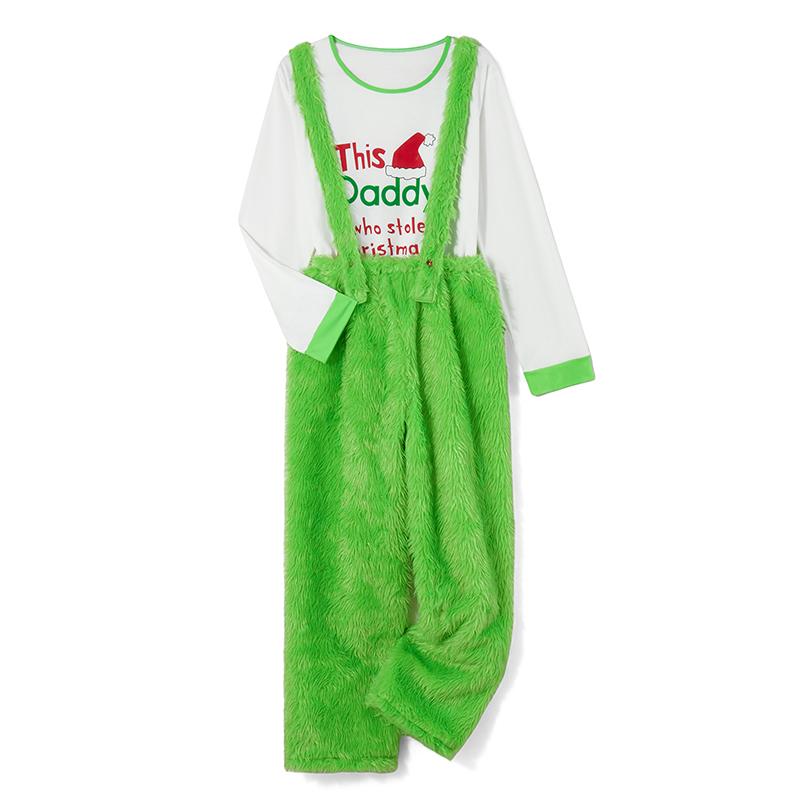 Green Matching Christmas Pajamas For Family, Romper Long Sleeve Letter Print Tops and Suspender Plush Pants Suit Sleepwear