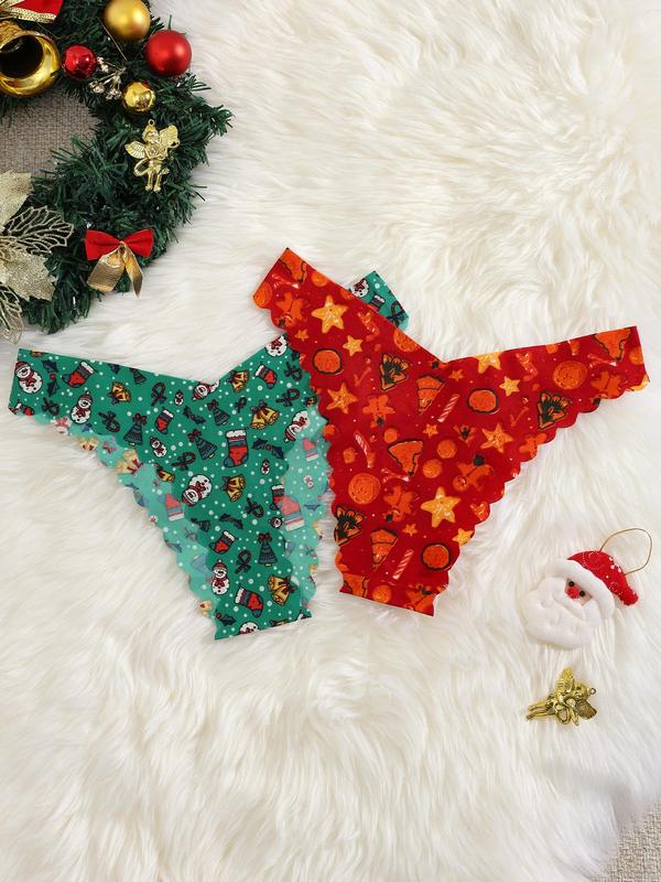 Women's Christmas Print Scallop Trim Panty, Soft Comfy Breathable Seamless Knicker for Daily Wear, Women's Underwear for All Seasons