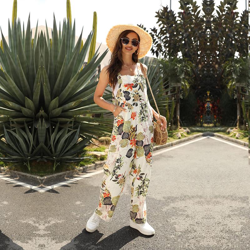 Yeokou Women's Patchwork Dual Pocket Jumpsuit Loose Floral Print Bohemian Wide Leg Bib Overall Womenswear Underwear Lady Comfort Sleeveless Boho Strap