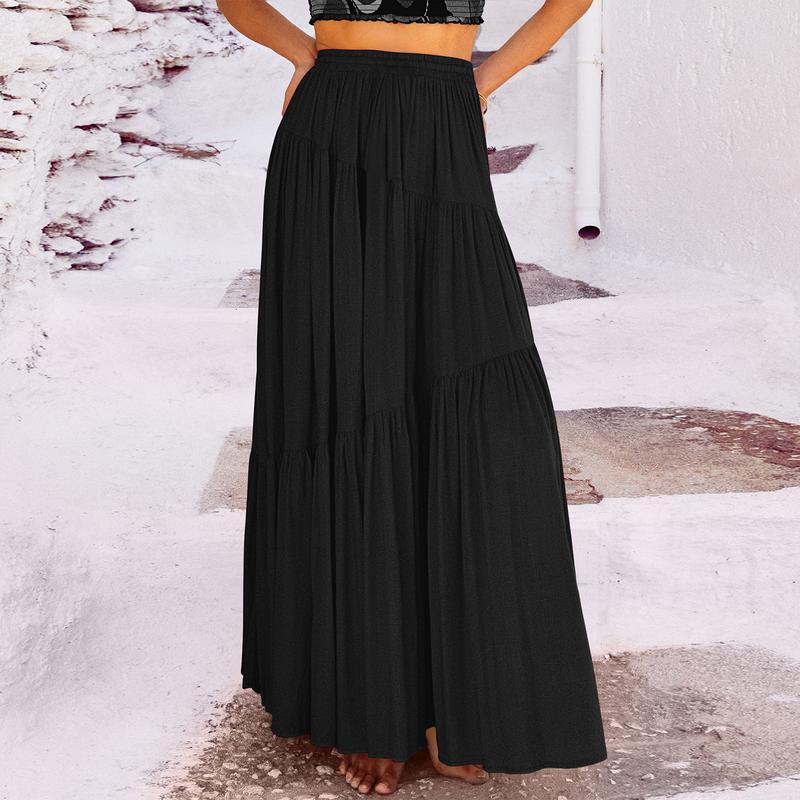 ANRABESS Women’s Boho Elastic High Waist Pleated A-Line Flowy Swing Asymmetric Tiered Maxi Long Skirt Dress with Pockets